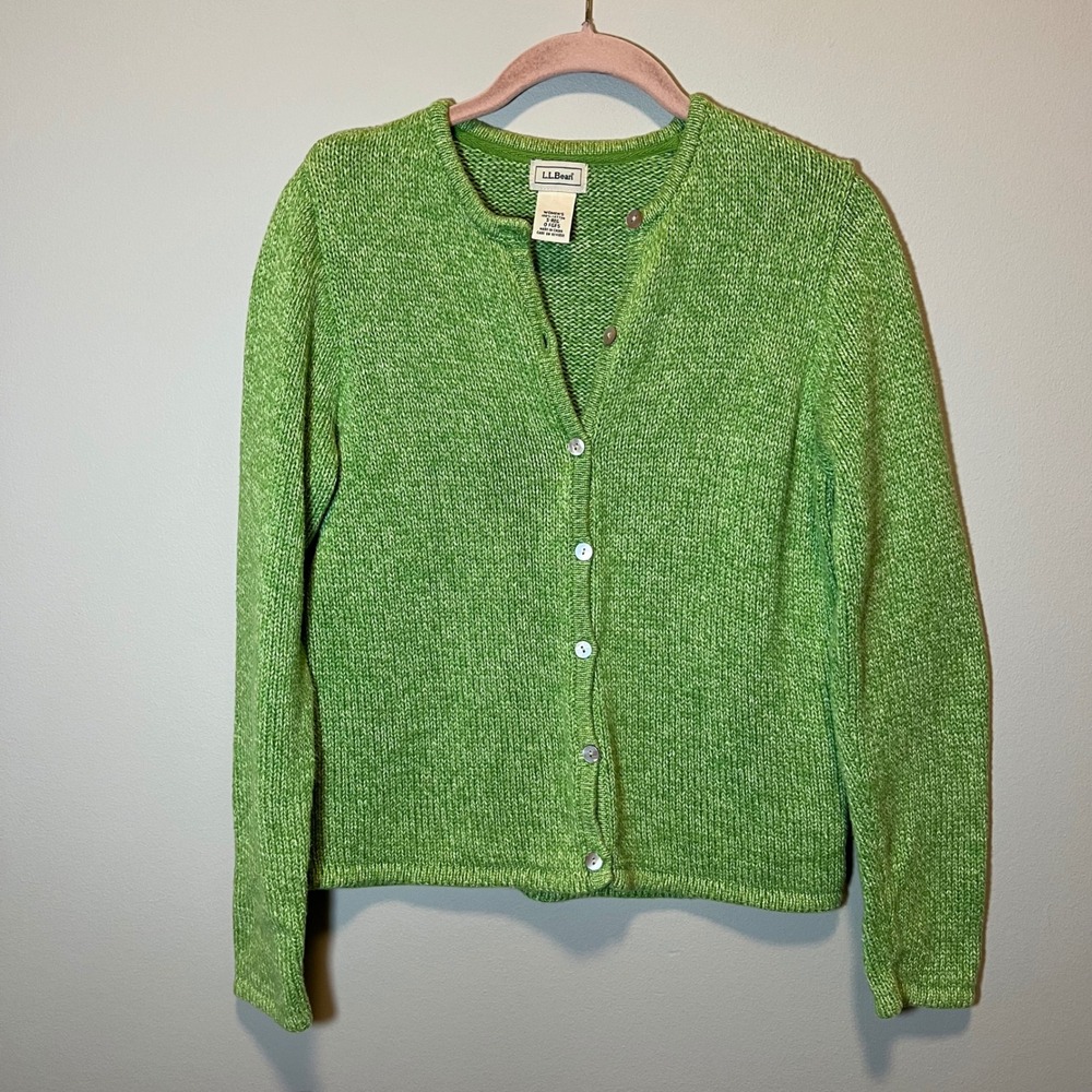 LL Bean Women's Green Marled Cotton Knit Button Front Cardigan Sweater Small